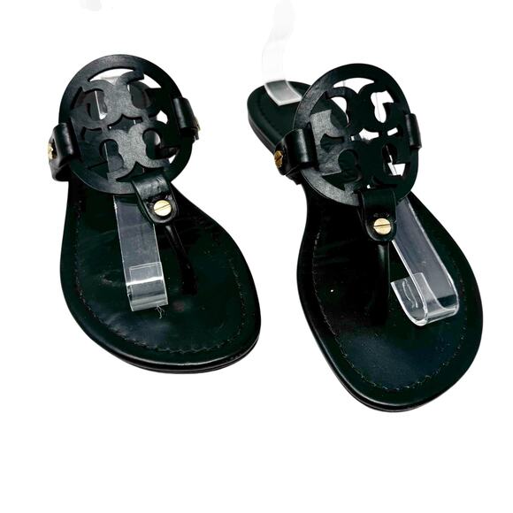 TORY BURCH Perfect Black Matte Leather Miller Logo Sandals Size 7.5 - Picture 1 of 8